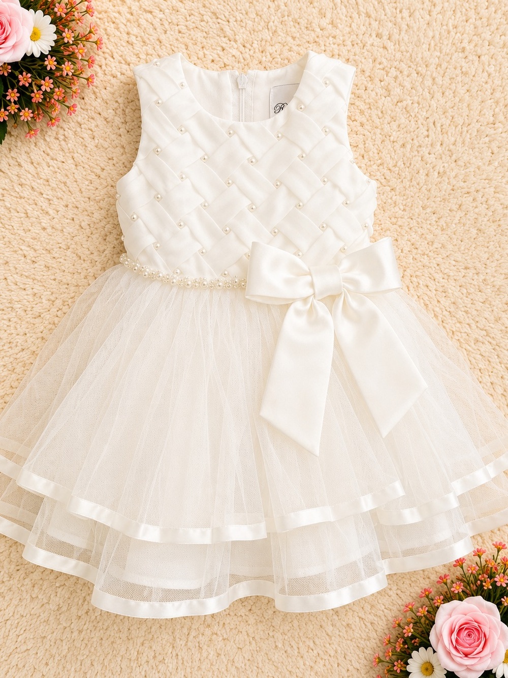 Rare Editions White Satin & Tulle Bow Party Dress